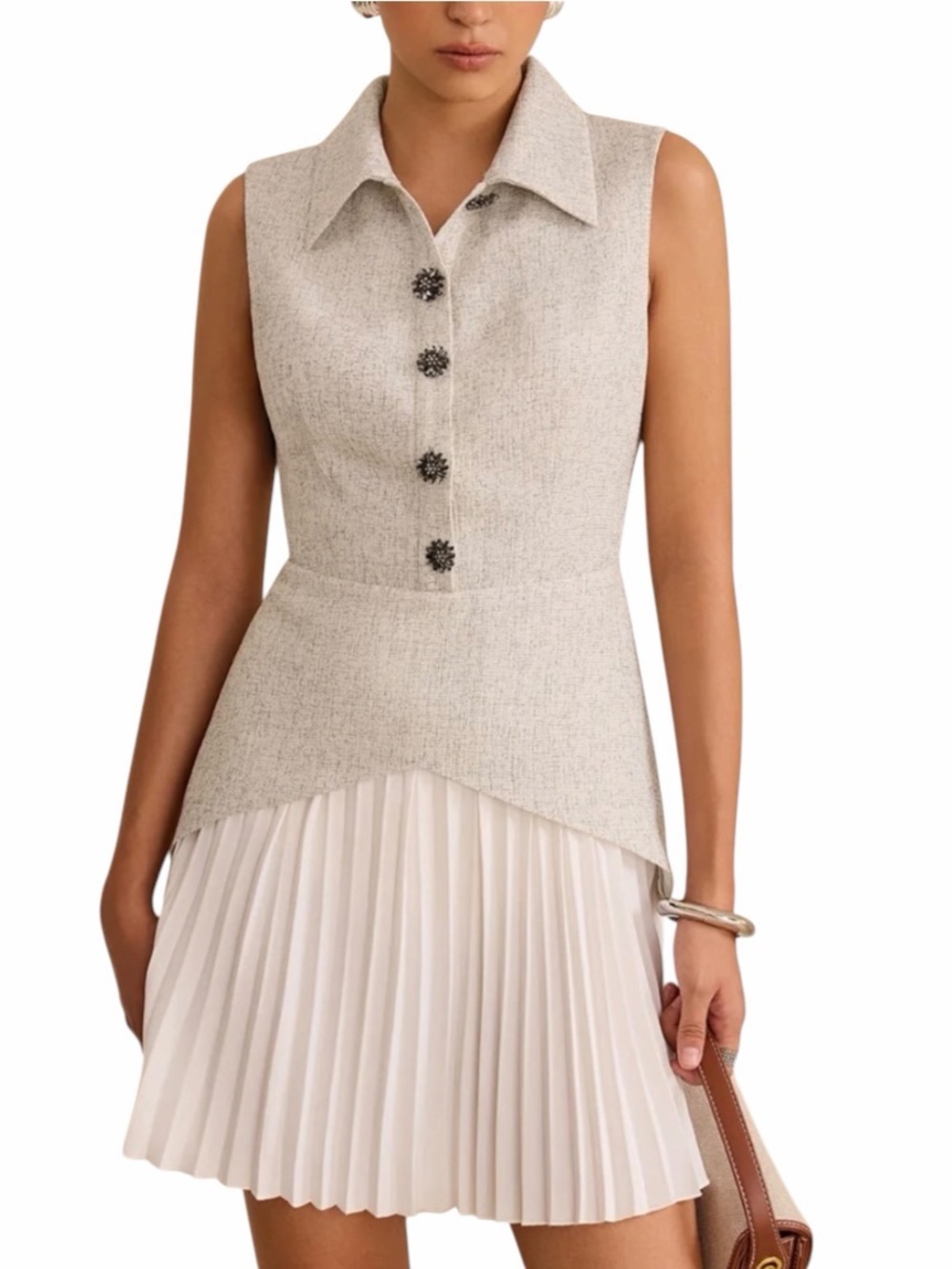 Commense Gray White Sleeveless Collared Top Panel Pleated Mini Dress Medium NWT